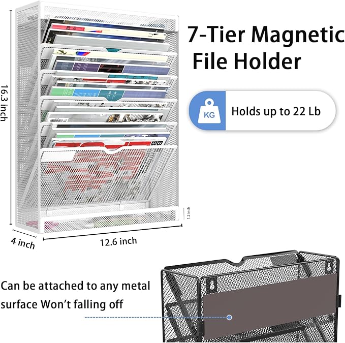 7 Tier Magnetic File Holder, No Drilling Wall File Organizer for File Cabinets Whiteboard Refrigerator,Office,Classroom, Hanging Paper Folder Holder, White