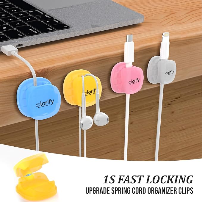12 Pack Rotatable Spring Cable Clips, Adhesive Cord Holders for Desk | Nightstand, Laptop, Phone Charging Clips & Car Cable Organizer for Home & Office (Multicolour)