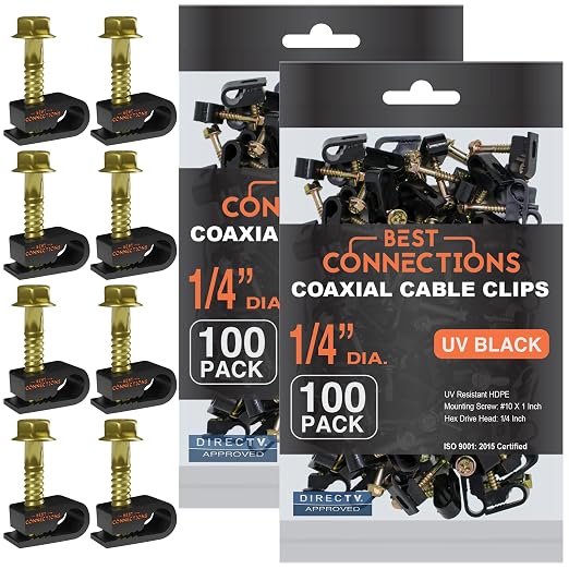 Coaxial Cable Clips with Pre-Inserted Screw (200 Pack) – Black Single Cable Mounting Clamps for Coax Cable (RG6, RG59) and Ethernet Cable – Cord Fastener/Strain Relief Clip