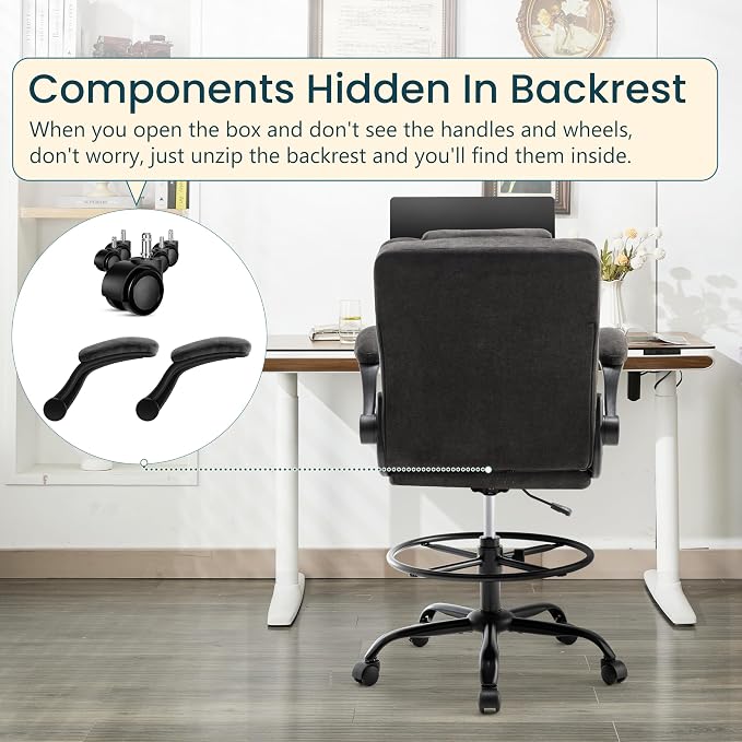 Drafting Chair 500Lbs, Tall Office Chair for Standing Desk, Fabric Executive Office Chair with Flip-up Armrests, Ergonomic High Chair with Adjustable Foot Ring, Comfy Stool Chairs, Black