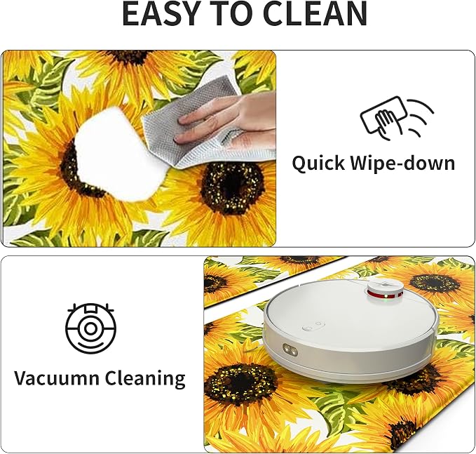 MAYHMYO Sunflower Kitchen Decor Mat Set, 2PC Kitchen Mats, Anti Fatigue | Sunflower Pattern,Yellow docor,Cushioned comfort,Non-slip backing,Easy to clean,Water-resistant,Kitchen,Laundry