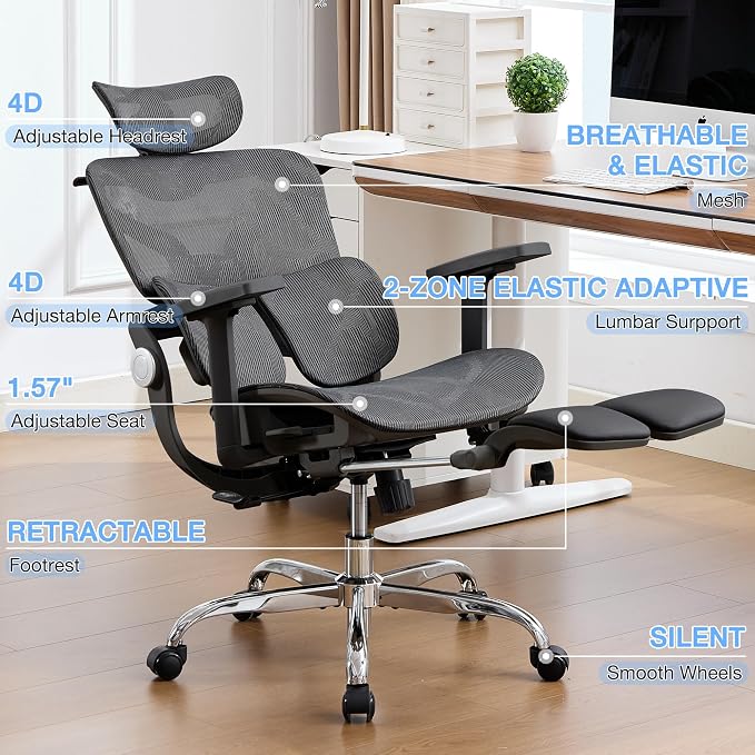 Ergonomic Mesh Office Chair with 2-Zone Lumbar Support and Footrest,Black | Big and Tall, 400LBS, Adjustable Seat Depth, 4D Headrest, 4D Armrests Swivel Executive Chair for Home Office