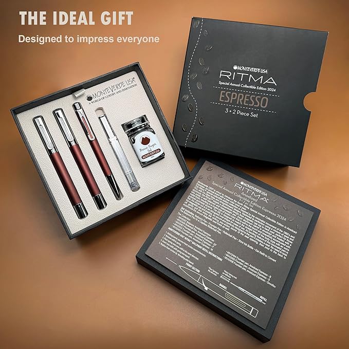 Monteverde Ritma 3+2 Piece Gift Set, Espresso - Includes Stub Nib Fountain Pen, Rollerball, Ballpoint, 30ml Ink & Refill - Premium Writing Set for Calligraphy & Art Enthusiasts