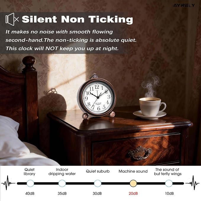 AYRELY® 5.3" Vintage Metal Analog Alarm Clock, Retro Desk and Table Clock | Antique Battery Operated Clock with Light, Elegant Bedside Gift for Bedrooms, Living Rooms, Shellf and Home Decor (Black)