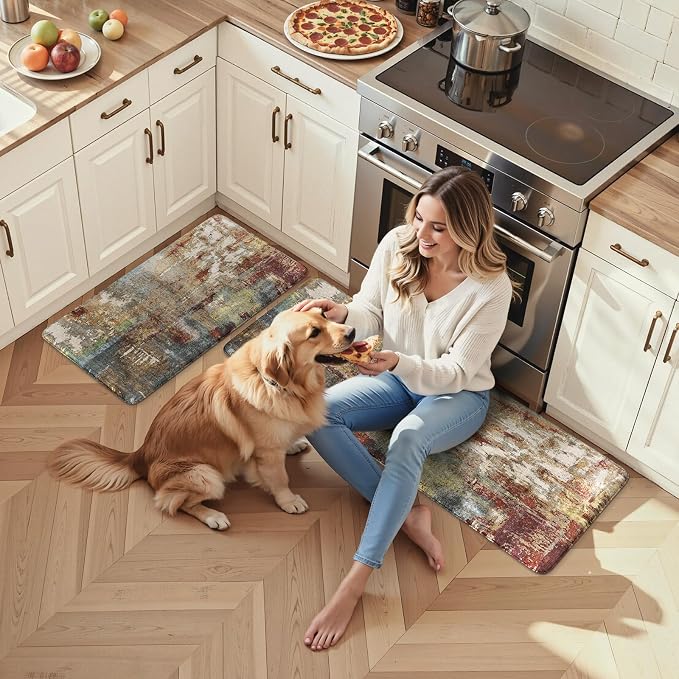 LEEVAN Anti Fatigue Kitchen Mats for Floor, Cushioned Kitchen Mat Set 2PCS | 20"x31"+20"x47", Modern Abstract Red Kitchen Rugs Non-Slip, Waterproof Ergonomic Standing Mats for Laundry, Office, Bar, Sink