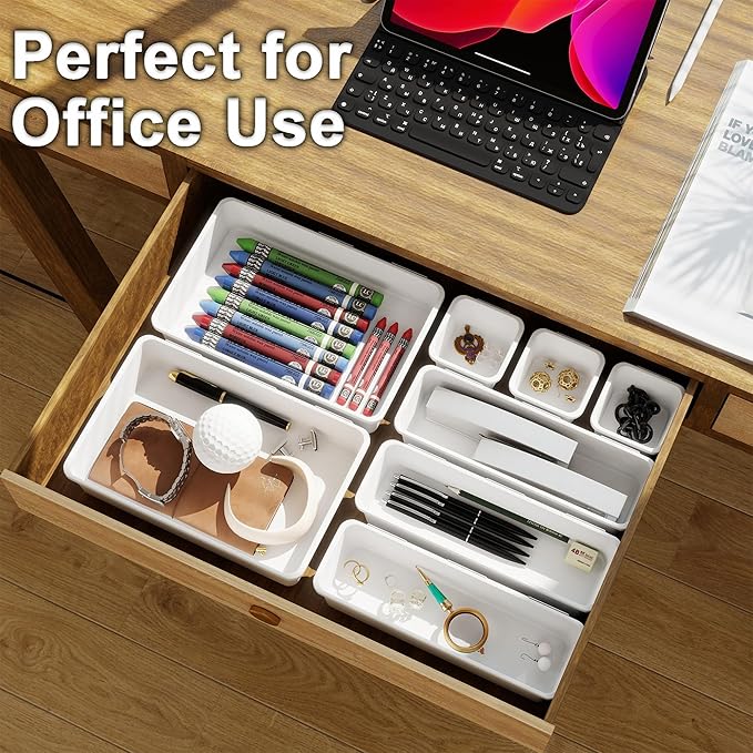 Desk Drawer Organizer Tray Set, 8PCS Plastic Drawer Organizer Bins for Office, Makeup, Kitchen - White Desk Organizer with Flexible Interlocking Design for Efficient (White, 8PCS)