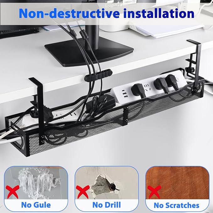 Under Desk Cable Management Tray 25.3 Inch, Clamp-On Cable Organizer Box for Standing Desks, No Drill Cord Management Under Desk, Large Desk Wire Organizer for Office & Home, Black