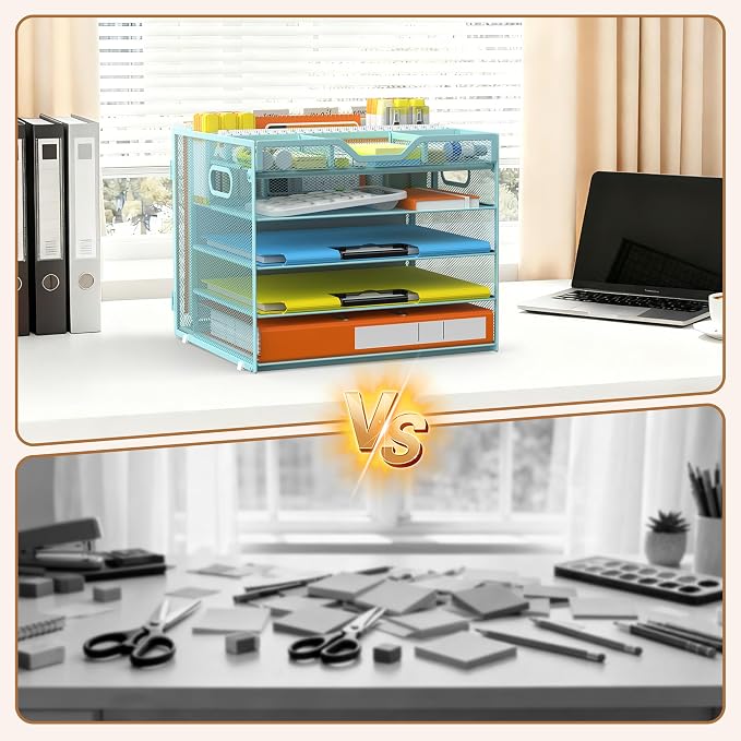 Docnest 5 Tier Letter Tray with Hanging File Box, Blue | Mesh Desk Organizer, Built-in Pen Holder and Handles, Desktop Storage organizer, For Mail Documents Office Supplies