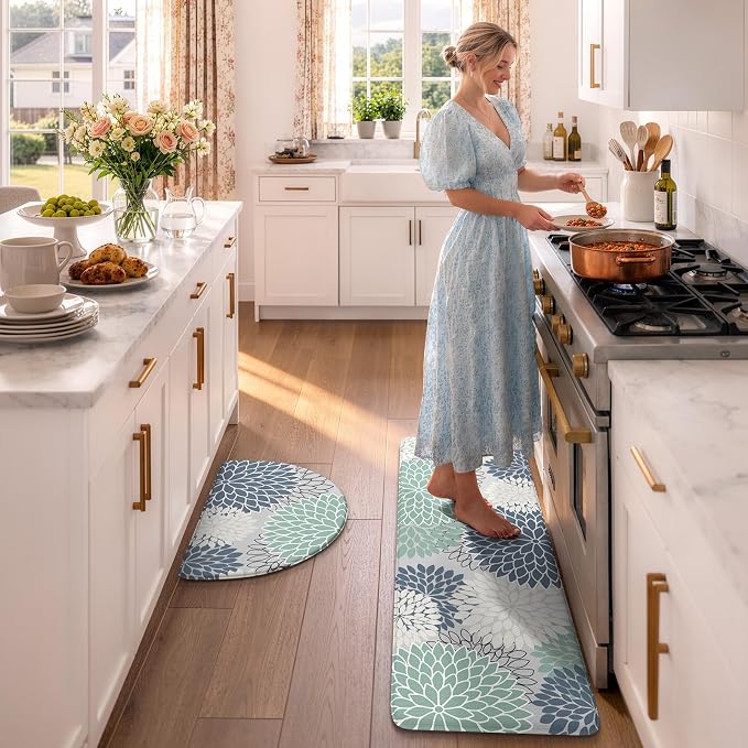 KIMODE Half Circle Anti Fatigue Mats for Kitchen Floor Rug Sets of 2 | 18"x28+18"x47",Cyan,Dahlia Floral Boho,Kitchen Rug Sets of 2,Non Slip,Waterproof,for Sink Office Laundry Bathroom Decor