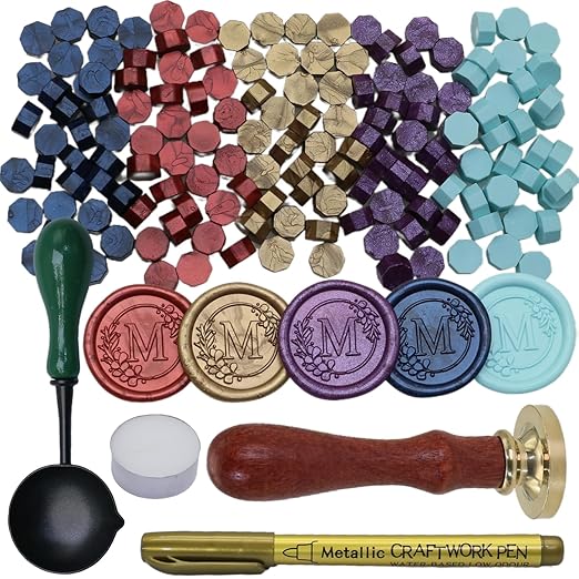 Initial Alphabet Wax Seal Stamp Set, Retro Letter M Sealing Stamp with 150Pcs Sealing Wax Beads in 5 Color, Melt Non Stick Spoon Pen Kit for Wedding and Christmas (M)
