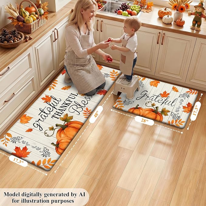 HEBE Fall Kitchen Mat Set of 2, Anti Fatigue Pumpkin Kitchen Mats for Floor | Cushioned Non Slip Autumn Kitchen Rugs and Runner Set, Waterproof Maple Leaf Floor Carpet for Harvest Thanksgiving