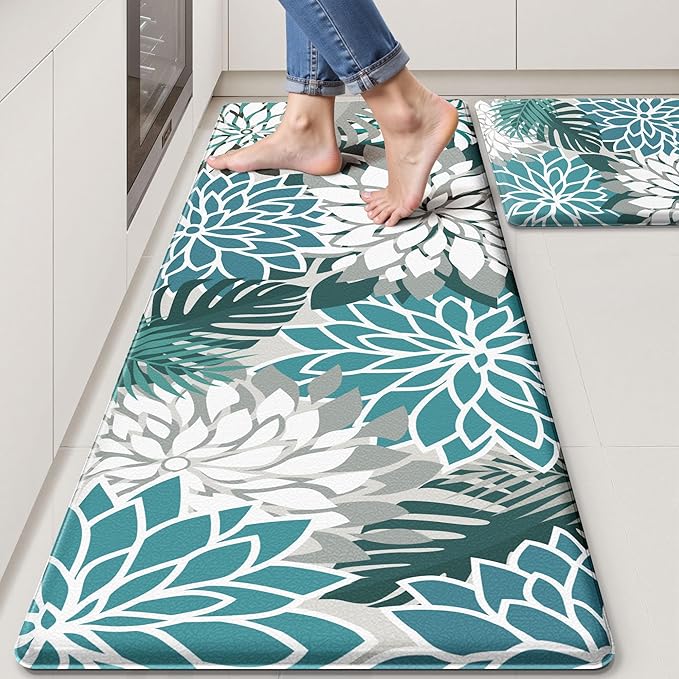 Arenarug Kitchen Mats for Floor 2PCS Cushioned Anti Fatigue Kitchen Mats Waterproof Non Slip Kitchen Mat Rug Set Comfort Foam Standing Mat for Sink, Laundry, Office,17.3" x 28" + 17.3" x 59", Teal