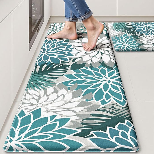 Arenarug Kitchen Mats for Floor 2PCS Cushioned Anti Fatigue Kitchen Mats Waterproof Non Slip Kitchen Mat Rug Set Comfort Foam Standing Mat for Sink, Laundry, Office,17.3" x 28" + 17.3" x 59", Teal