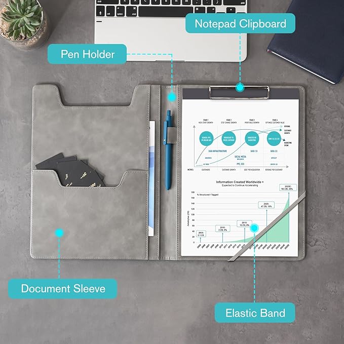 ProCase Clipboard Folder Portfolio, Leather Business Padfolio Organizer Letter Size Professional Folder Binder for Interview Meeting Resume Office Conference School -Grey