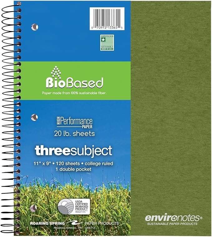 Roaring Spring Environotes Recycled Spiral Notebook, 3 Subject, 11" x 9", 120 Perforated Sheets, 20 lb Bio-Based Paper, College Ruled w/ Margin, Assorted Earthtone Covers, Double Pocket, 2 Dividers, Made in USA