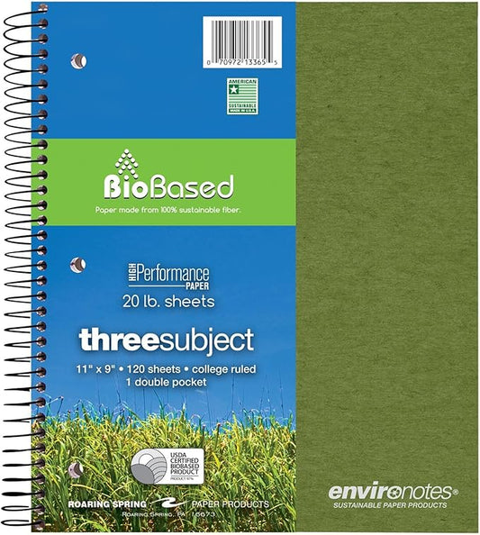 Roaring Spring Environotes Recycled Spiral Notebook, 3 Subject, 11" x 9", 120 Perforated Sheets, 20 lb Bio-Based Paper, College Ruled w/ Margin, Assorted Earthtone Covers, Double Pocket, 2 Dividers, Made in USA