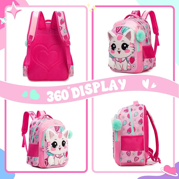 Kids Backpacks for Girls Backpack for School Cute Cat Travel Backpack for Kids with Lunch Box Kawaii Bookbag for Girls Back to School Supplies