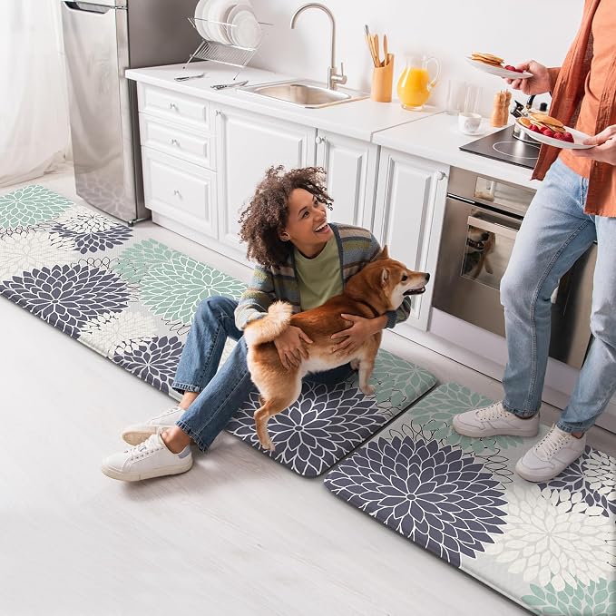 KIMODE Anti Fatigue Kitchen Mats for Floor Cushioned Kitchen Rugs Sets of 2 | 17"x59"+17"x29",Floral,Cyan,Non-slip,Waterproof,Kitchen Runner Rug,Comfort Foam Paded Mat for Floors Office Laundry Sink
