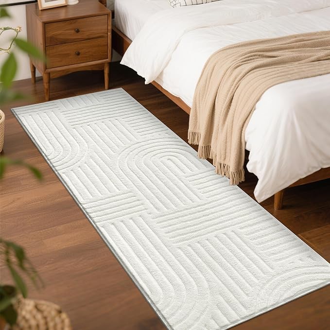 SHACOS Soft Cozy Fluffy Arch Pattern Runner Rugs 2x10 Cream White | High Low Pile Non Slip Washable Minimalist Area Rug Runner Modern Carpet for Living Room Bedroom Bathroom Hallway Kitchen