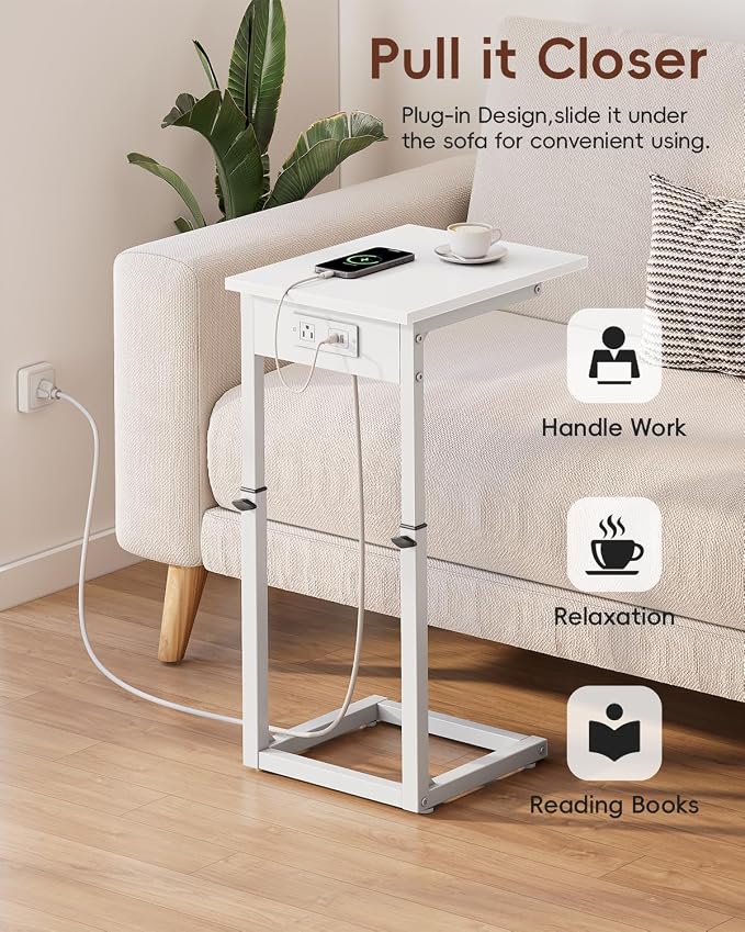 Vagusicc C Shaped End Table with Charging Station, C Table End Table Adjustable Height Sofa Table, Side Table for Couch, Couch Table that Slide Under, TV Tray Arm Table for Living Room,Bedroom, White
