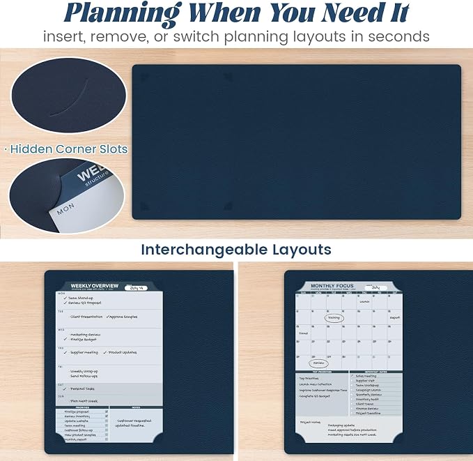 Large Dry Erase Desk Mat with Weekly & Monthly Dry Erase Planners | Reversible Dual-Texture Desk Pad with Interchangeable Planning Pages,Faux Leather Desk Mat for Office-16"x34"