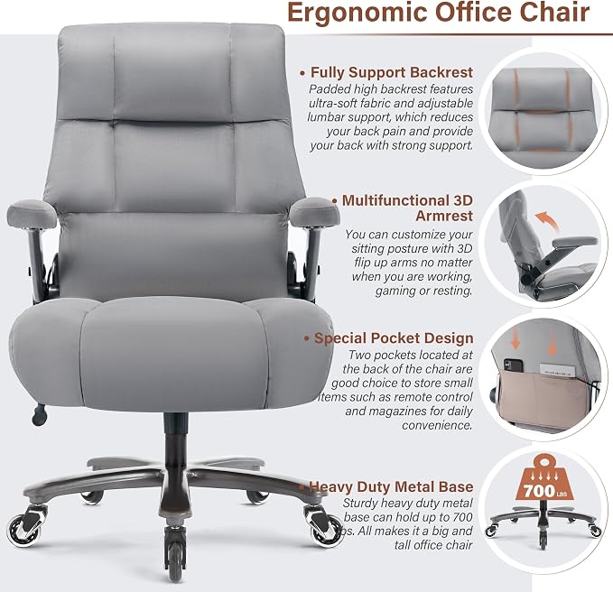 Big and Tall Office Chair 700lbs, Fabric Heavy Duty Executive Desk Chair | 3D Flip Arms, Extra Wide, Upgraded Wheels, Adjustable Lumbar Support, Metal Base, Large Ultra-Soft Ergonomic Computer Chairs