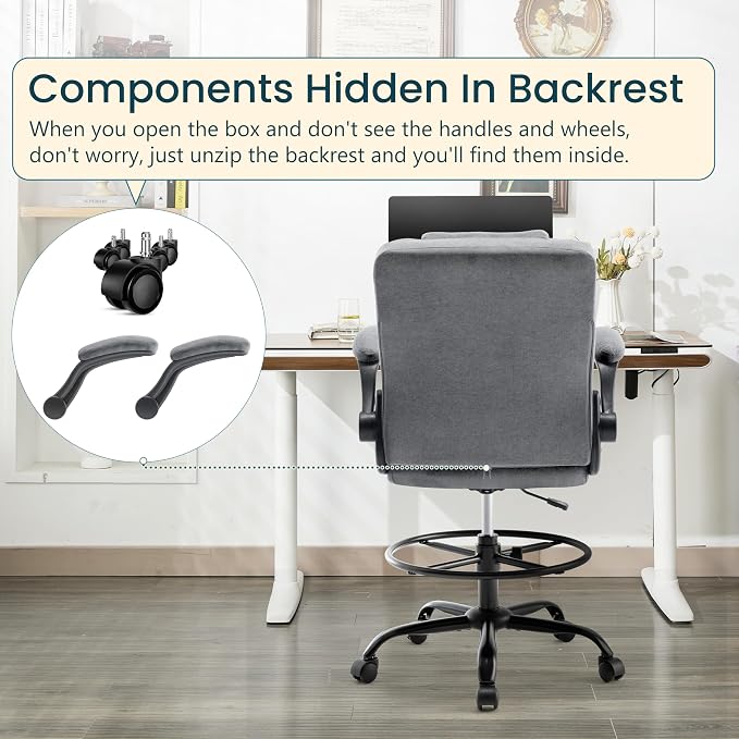 Drafting Chair 500Lbs, Tall Office Chair for Standing Desk, Fabric Executive Office Chair with Flip-up Armrests, Ergonomic High Chair with Adjustable Foot Ring, Comfy Stool Chairs, Grey
