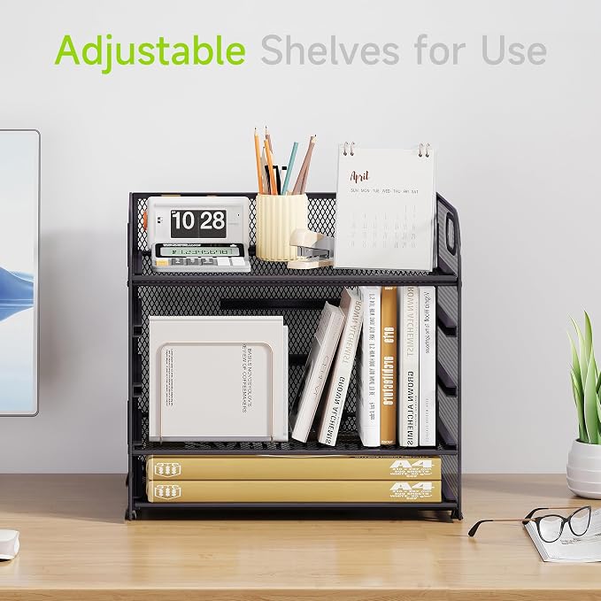 Cawukege 5 Tier Paper Organizer with Handle, Grey Metal Mesh Desk Organizer File Folder Paper Letter Tray Desktop Document Sorter for Classroom, School, Office Accessories Organization and Storage