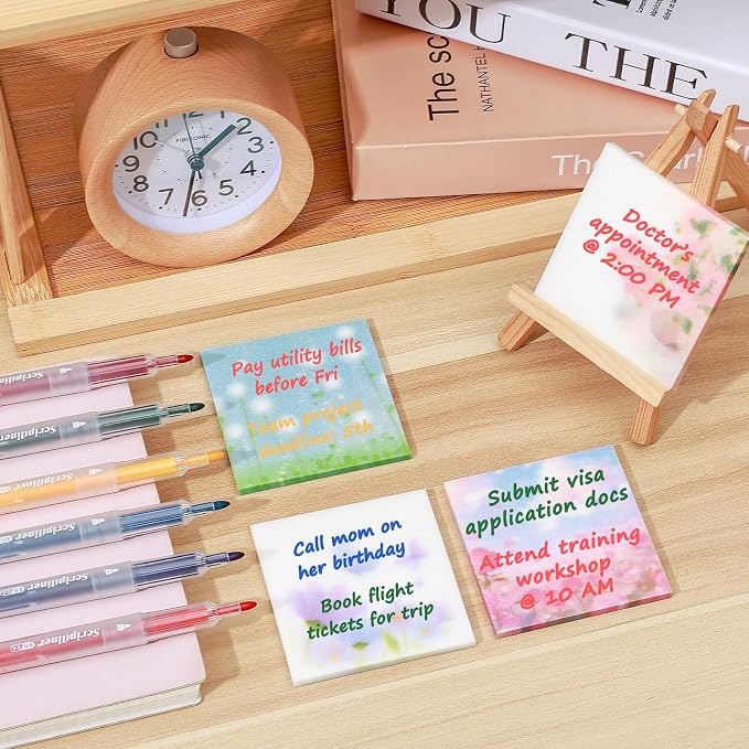 BAYTORY 200 Sheets Transparent Sticky Notes, 6Pcs Double-Ended Colored Marker Pen, 3 x 3 Glitter Clear Sticky Notes, Waterproof Self-Stick Note, Easy to Post for Note Taking (Flower)