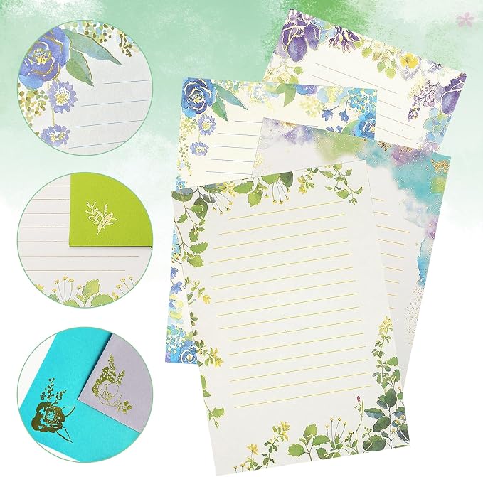 37 Pcs Stationery Paper Envelopes Set Includes 24 Lined Writing Paper & 12 Envelopes with 48 Round Stickers, Inlaid Flower Theme Pattern Letter Writing Paper Envelopes (4Style)