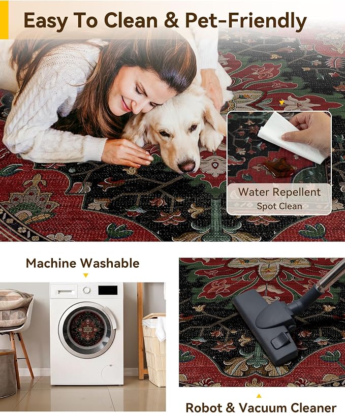 RELEANY Area Rugs Round 4ft Washable Non-Slip, Floral Vintage Distress Medallion Carpet for Living Room Bedroom Dining Room, Red Black