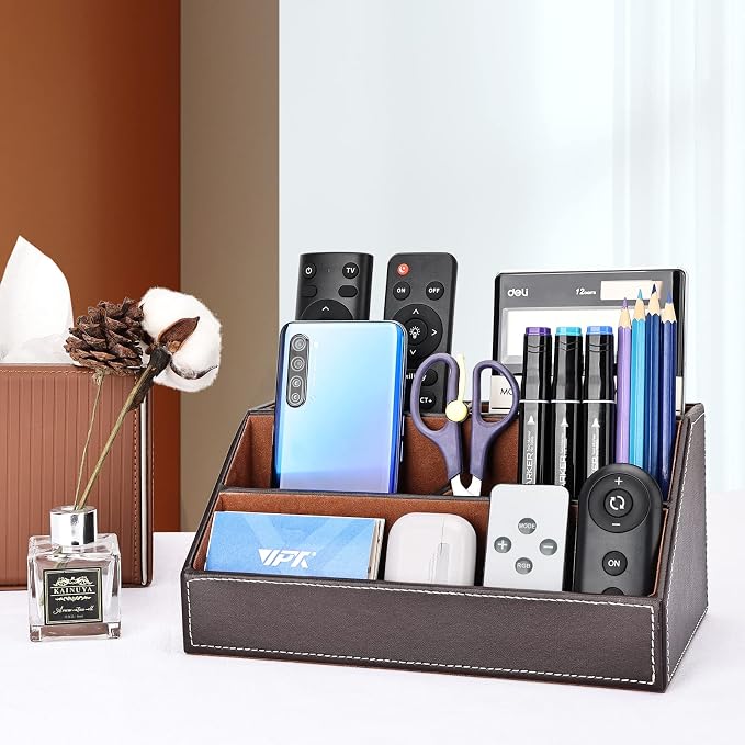 Pu Leather Desk Organizer with 5 Compartments Holder, Multi-Functional Office Supplies Storage Caddy for Pen/Pencil, Phones, Remote Controller and Desktop Accessorie Brown