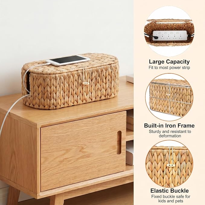 Set of 2 Cable Management Box, Handwoven Cord Hider Box with 3 Open Slots | Cable Organizer Box with Lockable Lid, Cord Storage Box to Hide Power Strip, Router, USB Hub, TV Wires for Home, Office