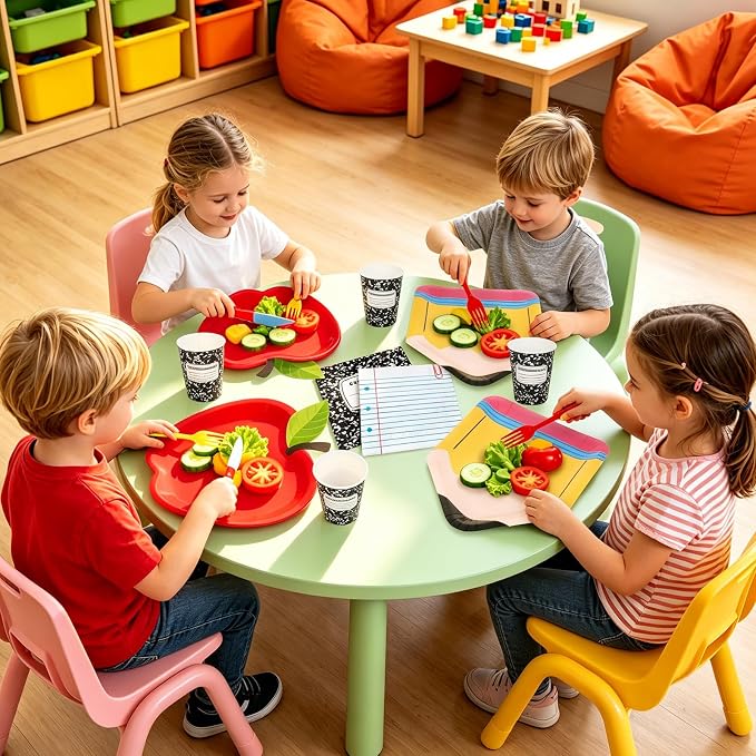 Whaline 120 Pcs Back to School Party Supplies Kit Apple Pencil Notebook Composition Tableware Set Disposable Dinnerware Paper Napkin Plate Cup Fork for 24 Guest First Day of School