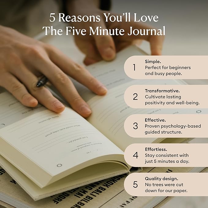 Intelligent Change The Five Minute Journal, Original Daily Gratitude Journal 2025, Reflection & Manifestation Journal for Mindfulness, Undated Daily Journal with Gold Foiling, Plastic-Free, Black