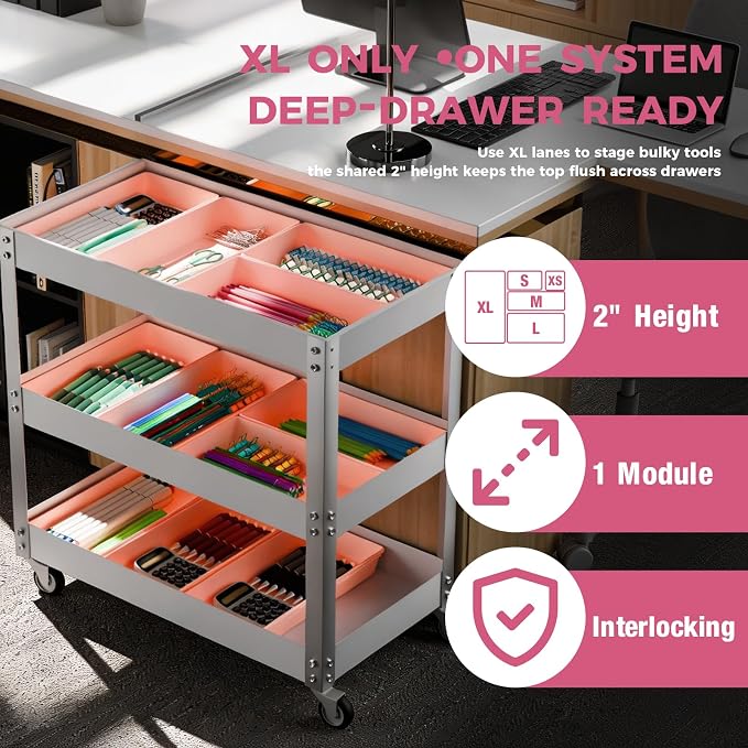 [6 PCS Extra-Large] Pink Drawer Organizer Trays with Non-Slip Pads, Interlocking Storage Bins for Vanity, Desk, Bathroom, Kitchen, Home Office and Utility Drawers