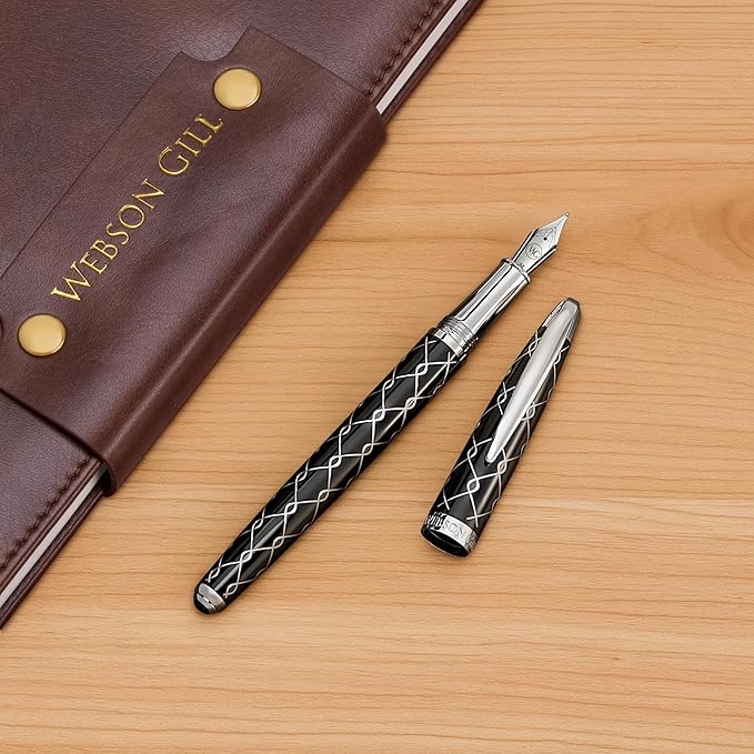 ‘The Weaver’ Black Luxury Executive Fountain Pen, Polished Lacquer and Chrome, Stainless Steel Nib, Easy Refill Ink Piston Converter, Smudge Free, No Bleed, Fits Our Instant Insert Ink Cartridges