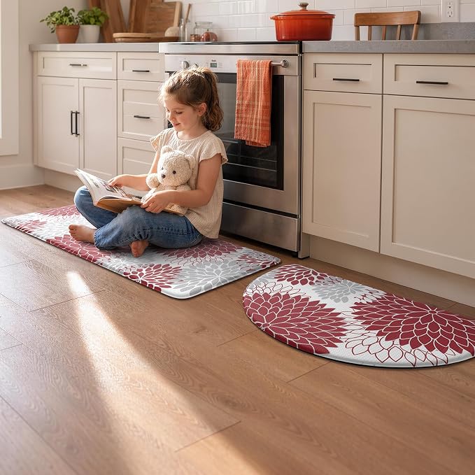 KIMODE Half Circle Anti Fatigue Mats for Kitchen Floor Rug Sets of 2 | 18"x28+18"x47",Red,Half Round,2PCS,Dahlia Floral Boho,Non Slip,Waterproof,for Sink Office Laundry Bathroom Decor