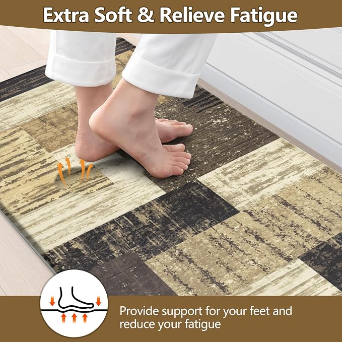 LOKHOM Anti Fatigue Kitchen Mats for Floor, 24x59 Non Slip Modern Cushioned Standing Comfort Kitchen Runner Rug, Waterproof Geometric Patchwork Memory Foam Padded for Sink Laundry Office, Chocolate