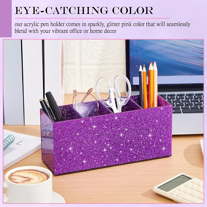Jetec Acrylic Glitter Pen Holder 4 Compartments Bling Makeup Brush Stationery Organizer Pencil Holder for Desk Accessories Sparkly Gifts for Women Birthday Valentines Desktop Workplace Office(Purple)