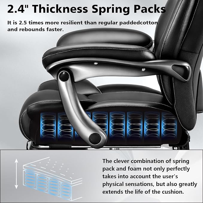600lbs Big and Tall Office Chair for Heavy People,Heavy Duty Comfy Executive Office Desk Chair with Adjustable Lumbar Support,High Back Reclining PU Leather Computer Chair,Metal Base (Classic, Black)