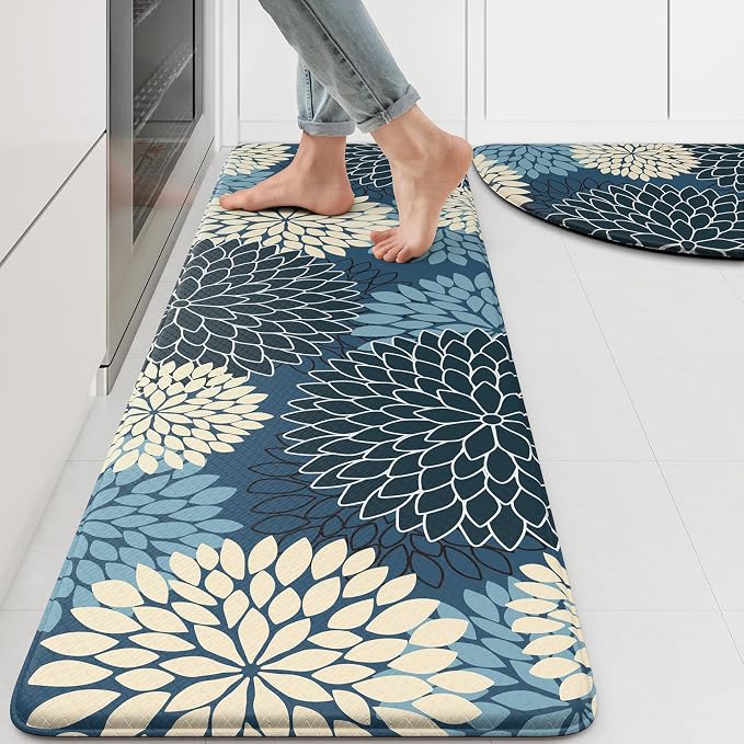 KIMODE Half Circle Anti Fatigue Mats for Kitchen Floor Rug Sets of 2 | 18"x28+18"x47",Blue,Dahlia Floral Boho,Kitchen Rug Sets of 2,Non Slip,Waterproof,for Sink Office Laundry Bathroom Decor