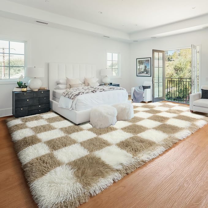 KICMOR Area Rugs 8x10 for Living Room, Large Fluffy Beige and Cream White Checkered Rug Big Fuzzy Shag Shaggy Carpets for Bedroom, Soft Plush Furry Rug for Boy Girls Room Dorm Home Decor Aesthetic