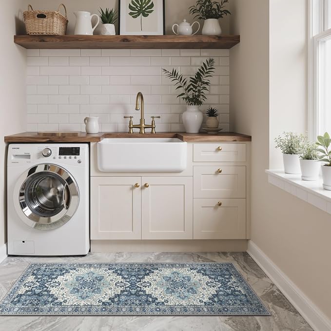 GENIMO Kitchen Rugs Non Slip Washable, 2PCS Kitchen Mats for Floor, Cushioned Standing Mat, Kitchen Runner Rug Floor Mat for Kitchen Decor, Laundry, Sink, Entryway, Home, 20"x32"+20"x59", Navy Blue