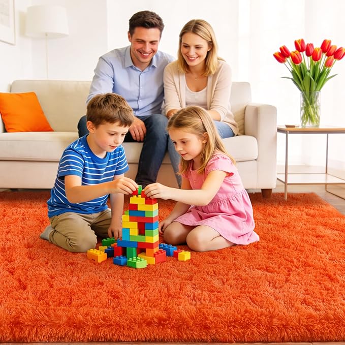 Area Rugs for Living Room Bedroom 9x12, Ultra Fluffy Shag Rug Modern Washable Carpet Soft Shaggy Non Slip Indoor Plush Fuzzy Rugs for Bedroom Dorm Office Home Aesthetic Decor, Orange