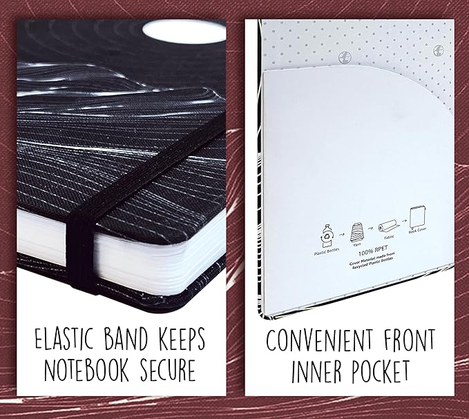 Better Office Products Recycled Plastic Bottle Notebook Journal, 8.3" x 5.8" (A5), 192 College Ruled Pages, Hardcover, Inner Pocket, Banded, Cover Made of Plastic Bottles (1, Black)
