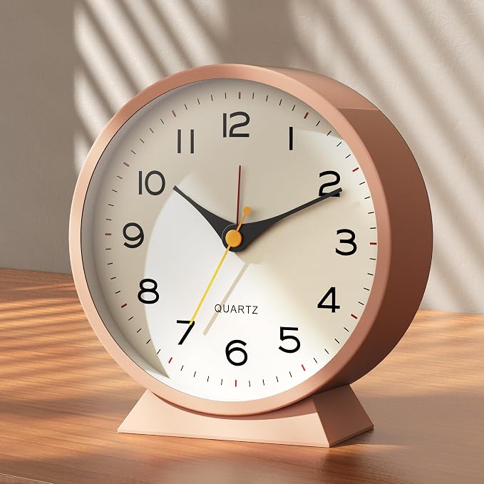 AYRELY® 4.5" Analog Alarm Clock, Small Retro Desk Clock and Table Clock | Battery Operated, Silent Metal Table Clock with Light for Living Room Decor, Bedroom, Bedside and Shelf(Light Pink)