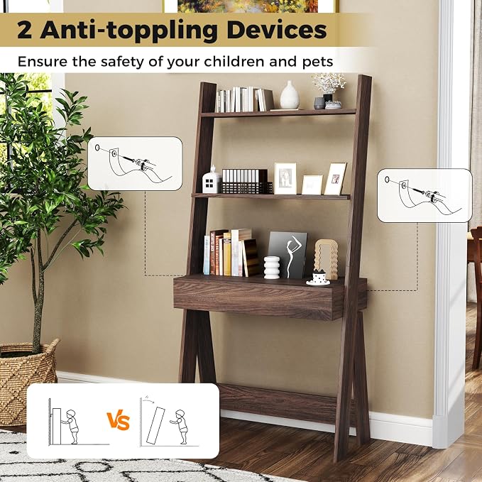 Tangkula Ladder Desk with Countertop & Drawer, Home Office Computer Laptop Table with Open Shelves & Anti-Tip Kits, Wall-Leaning Compact Working Station for Small Spaces (Walnut)
