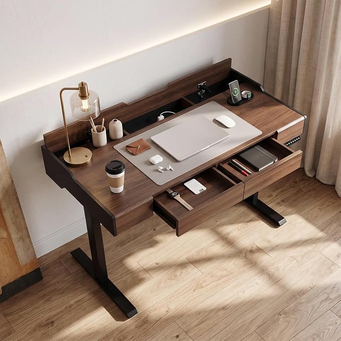 ModernMate Electric Standing Desk with Drawers, Hidden Cable Management | 48 x 24 Inches Height Adjustable Desk, Stand Up Table with Storage for Home Office, Black Walnut