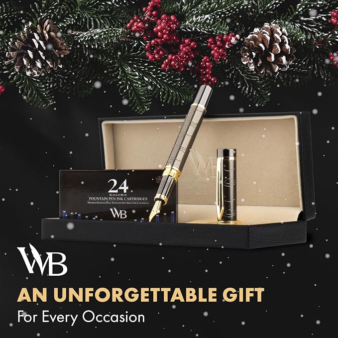 Wordsworth & Black Primori Fountain Pen Set [Gunmetal Gold]; Extra Fine Nib, Gift Case, 24 Ink Cartridges, Refill Converter, Manual; Journaling, Calligraphy, Smooth Writing Pens; Left and Right Handed